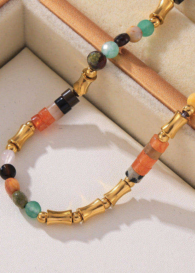 Bohemian dopamine colored natural stone beaded necklace cross-border simple and versatile stainless steel clavicle necklace