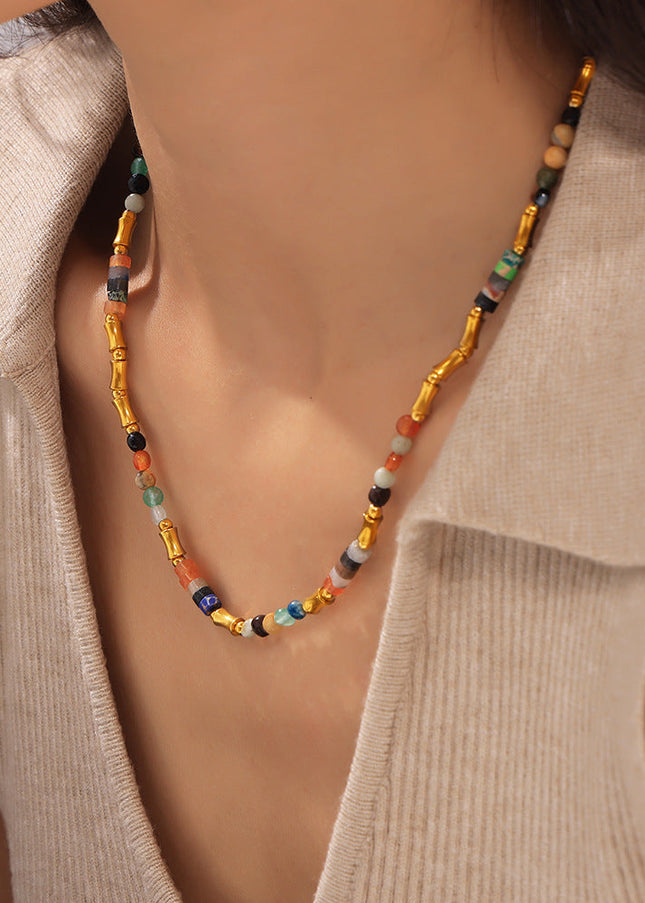 Bohemian dopamine colored natural stone beaded necklace cross-border simple and versatile stainless steel clavicle necklace