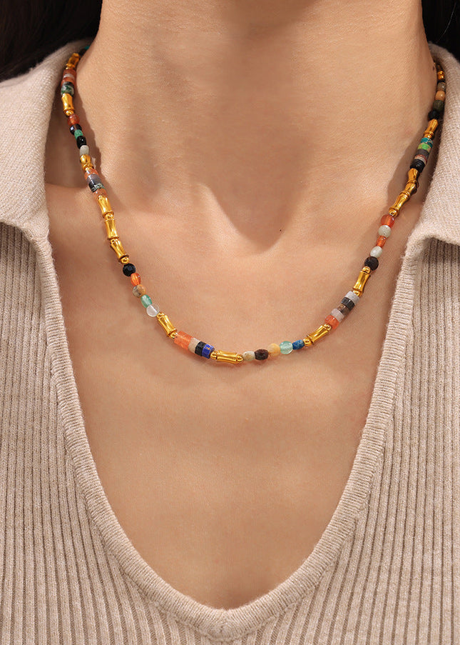 Bohemian dopamine colored natural stone beaded necklace cross-border simple and versatile stainless steel clavicle necklace