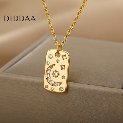 Starlight Pendant Necklace | Gold Sun & Moon Dog Tag Chain - Gold - Necklaces