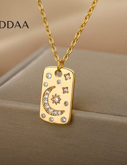 Starlight Pendant Necklace | Gold Sun & Moon Dog Tag Chain - Gold - Necklaces