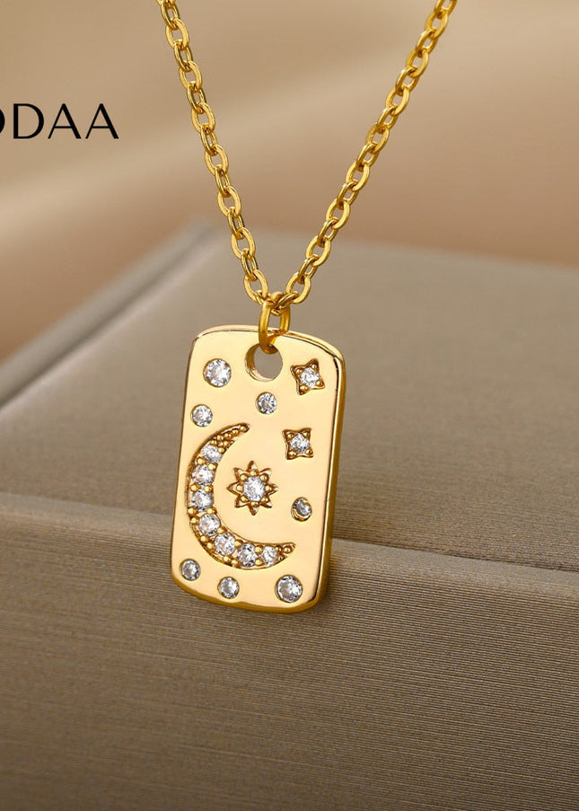 Starlight Pendant Necklace | Gold Sun & Moon Dog Tag Chain - Gold - Necklaces