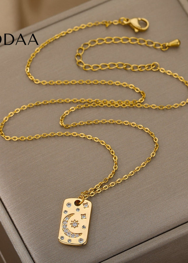 Starlight Pendant Necklace | Gold Sun & Moon Dog Tag Chain - Necklaces