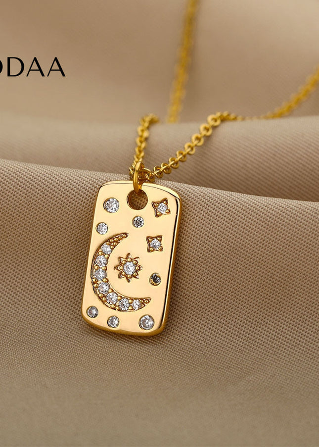Starlight Pendant Necklace | Gold Sun & Moon Dog Tag Chain - Necklaces