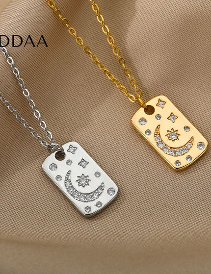 Starlight Pendant Necklace | Gold Sun & Moon Dog Tag Chain - Silver - Necklaces