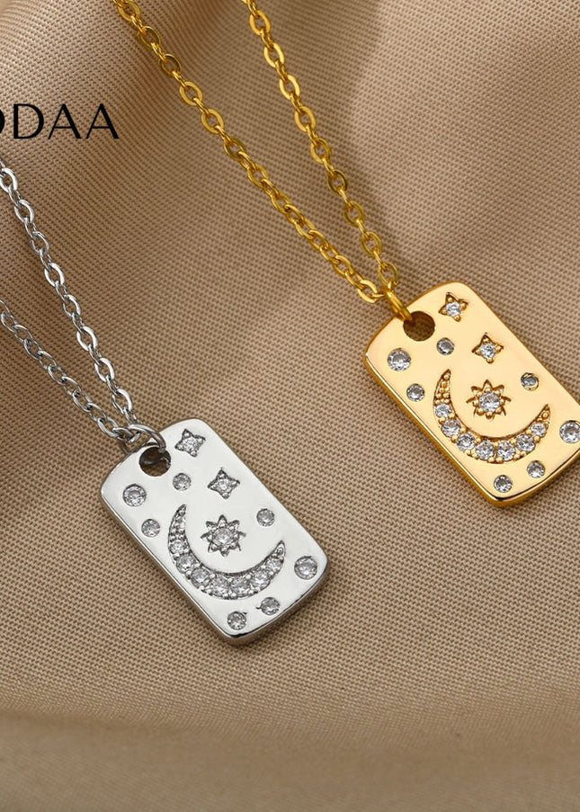 Starlight Pendant Necklace | Gold Sun & Moon Dog Tag Chain - Silver - Necklaces