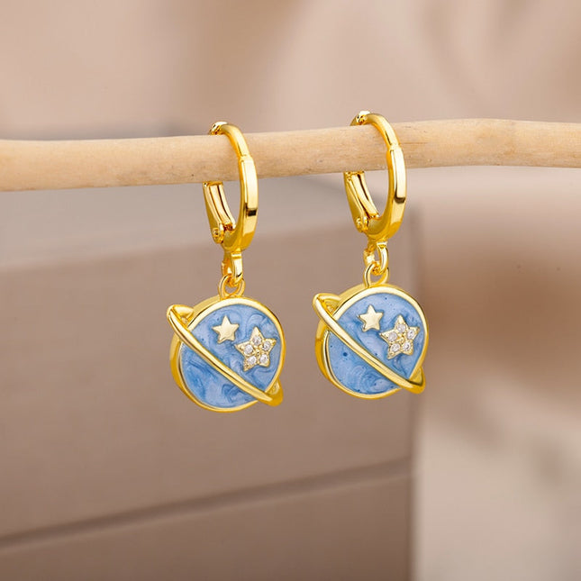 SOUVOIR 1 SOUVOIR Earrings Starstruck Earrings | Gold Blue Star Planet Space Hoop Drop Earrings