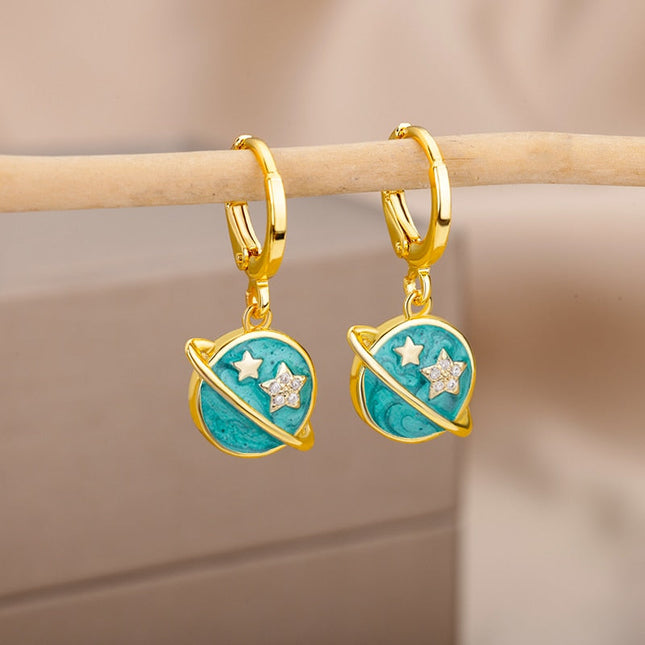 SOUVOIR 2 SOUVOIR Earrings Starstruck Earrings | Gold Blue Star Planet Space Hoop Drop Earrings