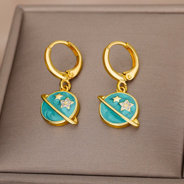 SOUVOIR SOUVOIR Earrings Starstruck Earrings | Gold Blue Star Planet Space Hoop Drop Earrings