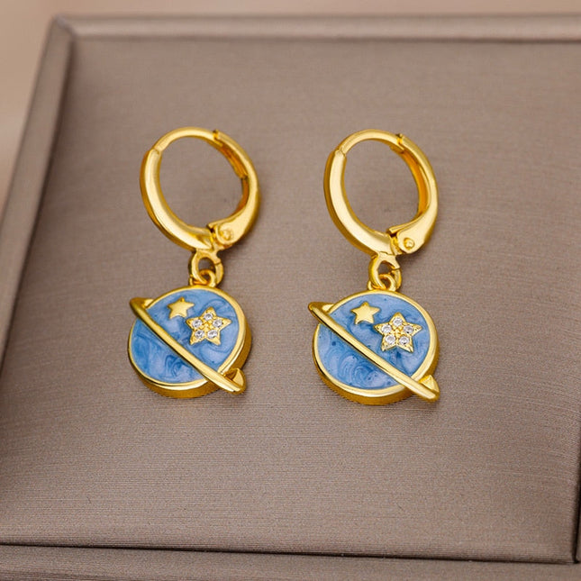 SOUVOIR SOUVOIR Earrings Starstruck Earrings | Gold Blue Star Planet Space Hoop Drop Earrings