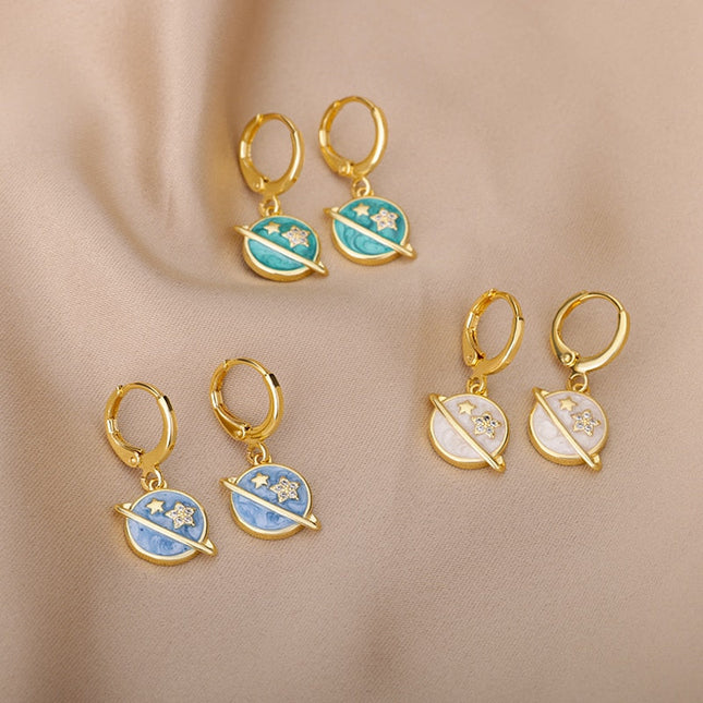 SOUVOIR SOUVOIR Earrings Starstruck Earrings | Gold Blue Star Planet Space Hoop Drop Earrings