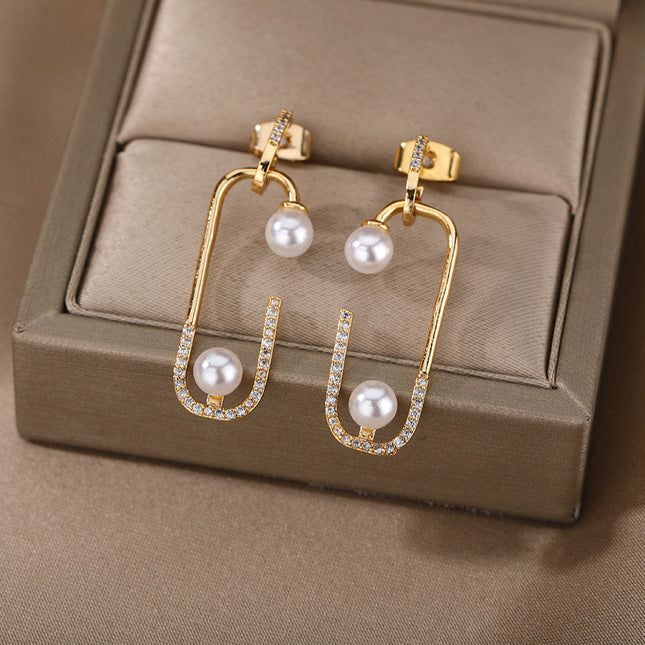 SOUVOIR 14K Gold Plated, Pearl, Zirconia Earrings Statement Earrings | Gold Zirconia Pearl Simple Drop Earrings