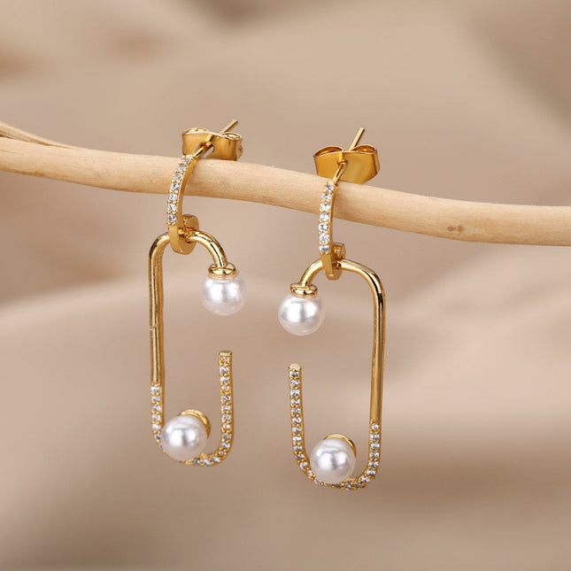 SOUVOIR 14K Gold Plated, Pearl, Zirconia Earrings Statement Earrings | Gold Zirconia Pearl Simple Drop Earrings