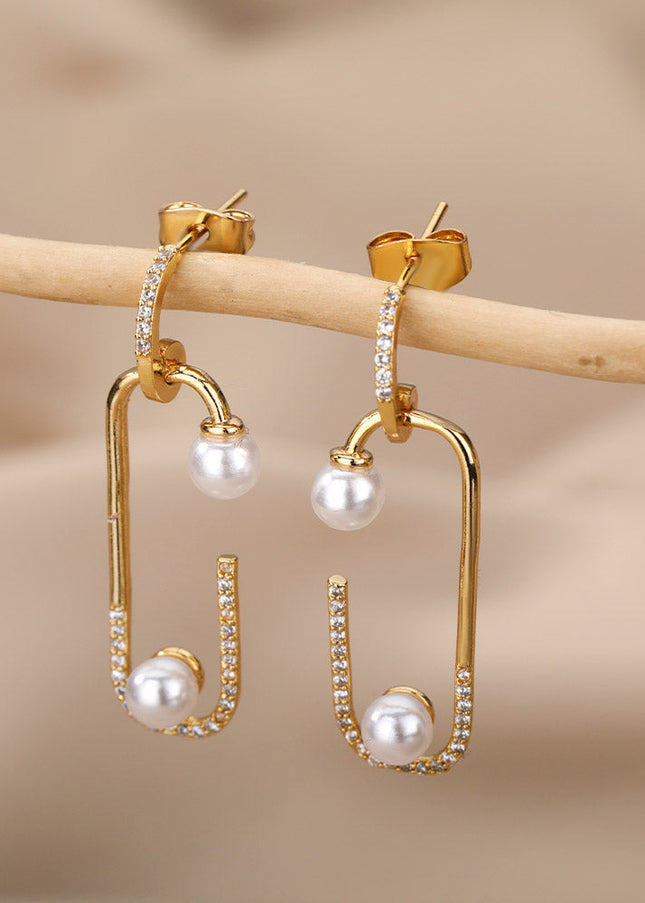 SOUVOIR 14K Gold Plated, Pearl, Zirconia Earrings Statement Earrings | Gold Zirconia Pearl Simple Drop Earrings