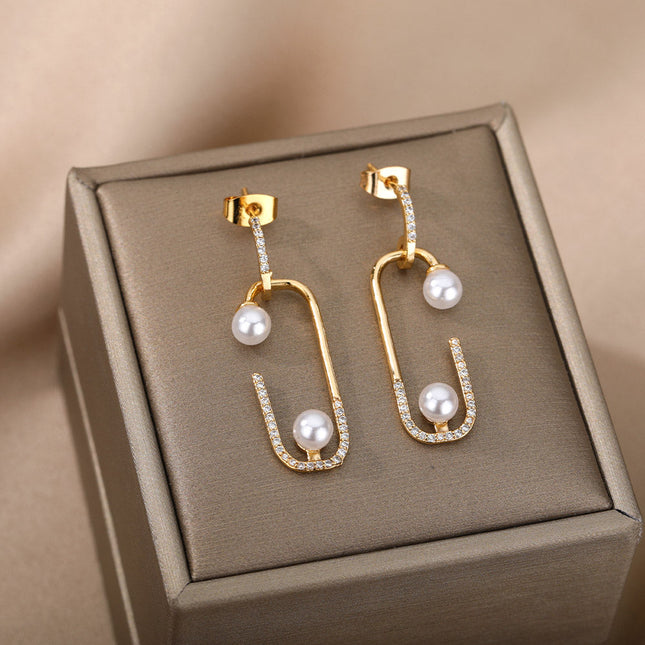 SOUVOIR Gold 14K Gold Plated, Pearl, Zirconia Earrings Statement Earrings | Gold Zirconia Pearl Simple Drop Earrings