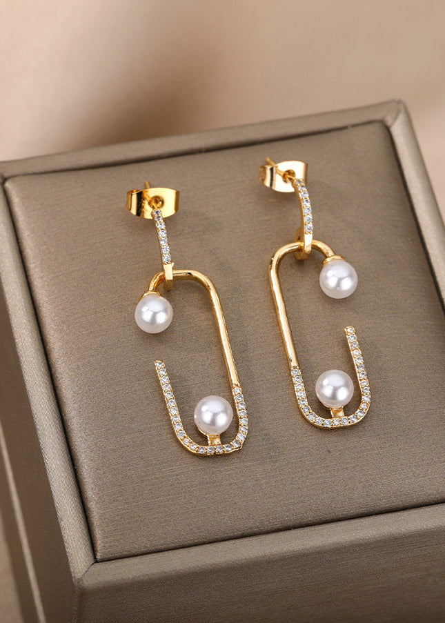 SOUVOIR Gold 14K Gold Plated, Pearl, Zirconia Earrings Statement Earrings | Gold Zirconia Pearl Simple Drop Earrings