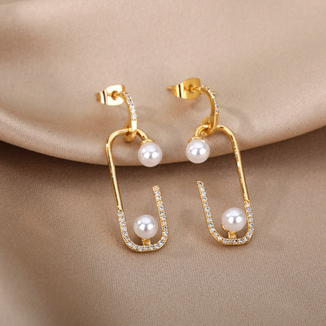 SOUVOIR 14K Gold Plated, Pearl, Zirconia Earrings Statement Earrings | Gold Zirconia Pearl Simple Drop Earrings
