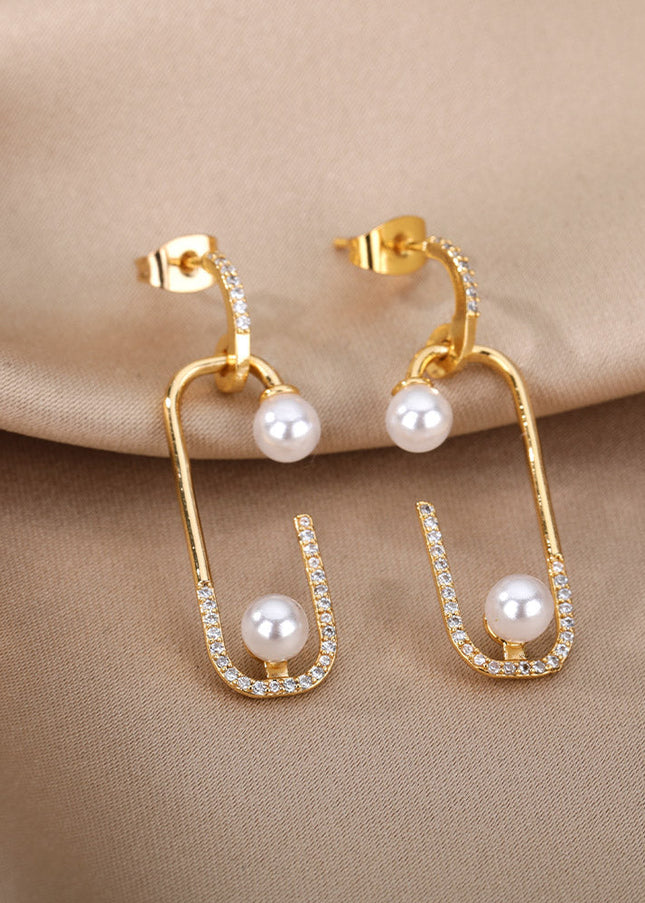 SOUVOIR 14K Gold Plated, Pearl, Zirconia Earrings Statement Earrings | Gold Zirconia Pearl Simple Drop Earrings