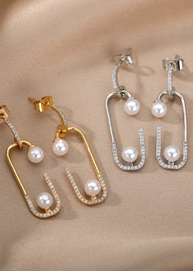 SOUVOIR Silver 14K Gold Plated, Pearl, Zirconia Earrings Statement Earrings | Gold Zirconia Pearl Simple Drop Earrings