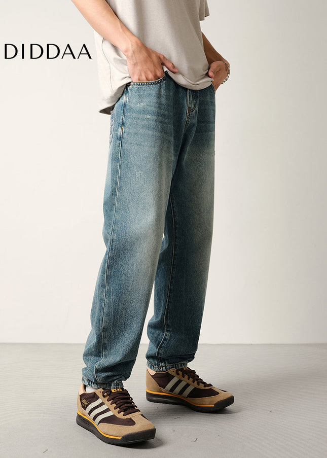 Stone-Washed Versatile Micro-Taper Straight-Leg Jeans - Men’s Jeans