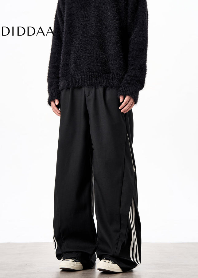 Striped Loose Fit Casual Pants with Side Zipper Design - Unisex Sweatpants