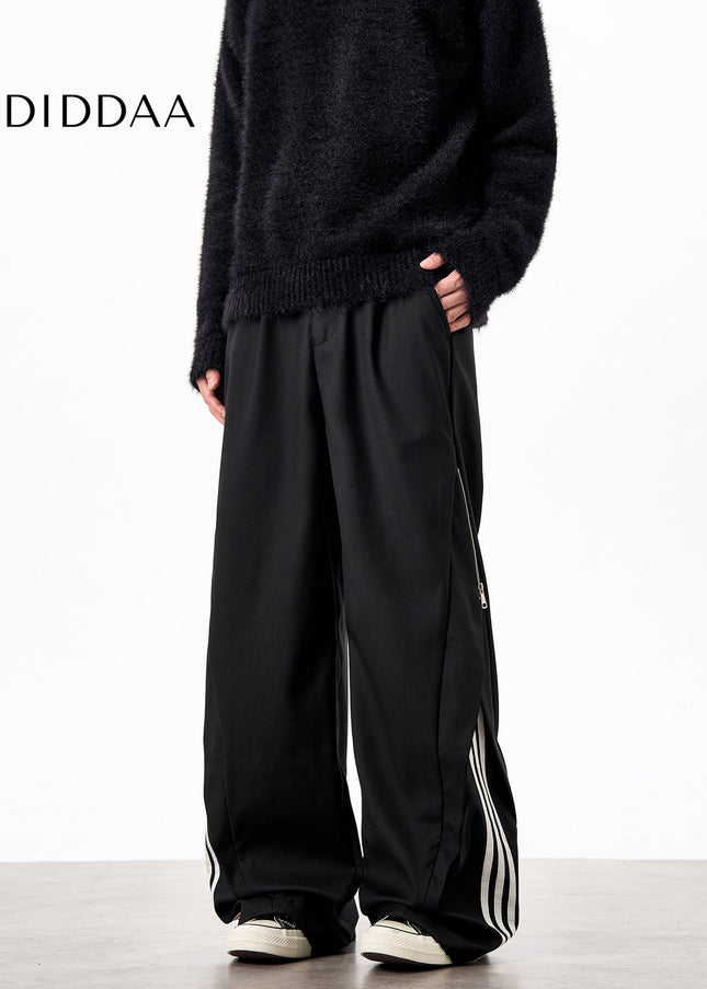 Striped Loose Fit Casual Pants with Side Zipper Design - Unisex Sweatpants