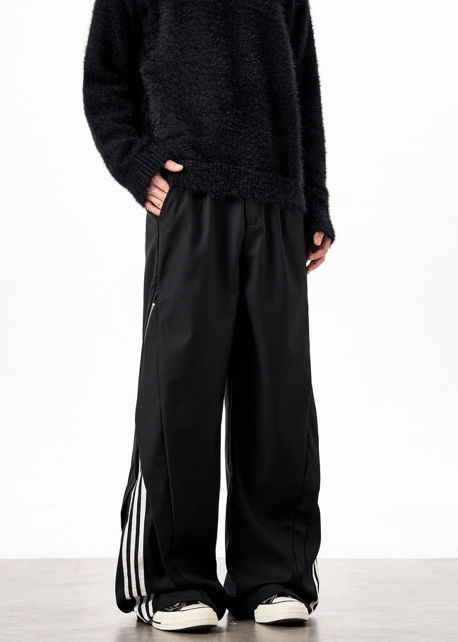 Striped Loose Fit Casual Pants with Side Zipper Design - Unisex Sweatpants