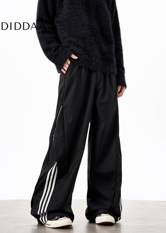 Striped Loose Fit Casual Pants with Side Zipper Design - Unisex Sweatpants