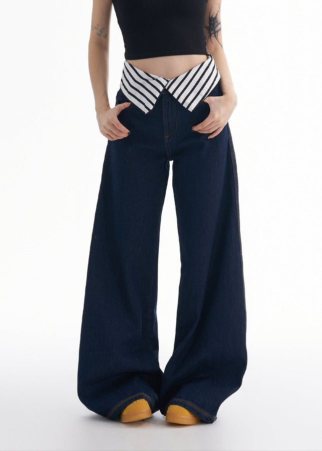Striped Loose Fit Turned-Waist Wide-Leg Jeans - Women’s Jeans