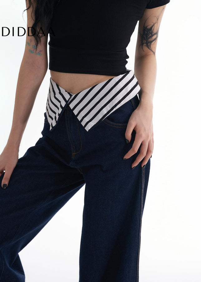 Striped Loose Fit Turned-Waist Wide-Leg Jeans - Women’s Jeans