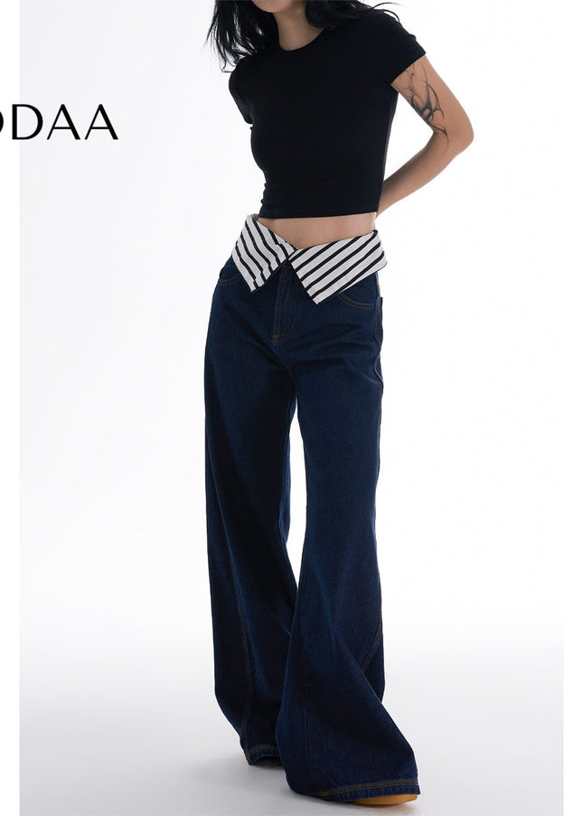 Striped Loose Fit Turned-Waist Wide-Leg Jeans - Women’s Jeans
