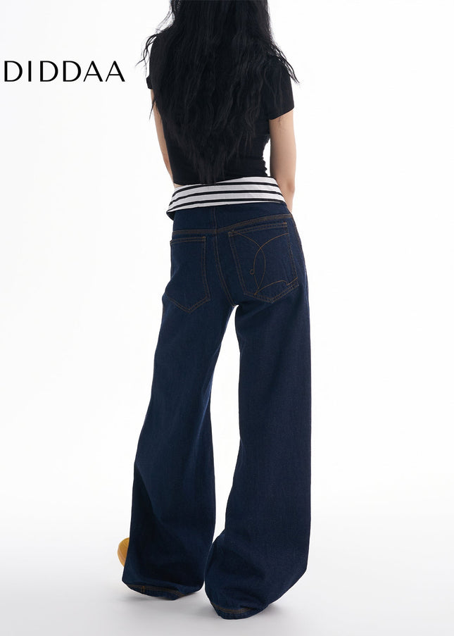 Striped Loose Fit Turned-Waist Wide-Leg Jeans - Women’s Jeans