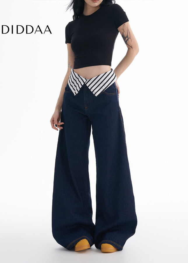 Striped Loose Fit Turned-Waist Wide-Leg Jeans - Women’s Jeans