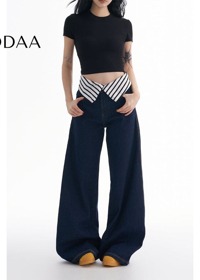 Striped Loose Fit Turned-Waist Wide-Leg Jeans - XS / Dark Blue - Women’s Jeans