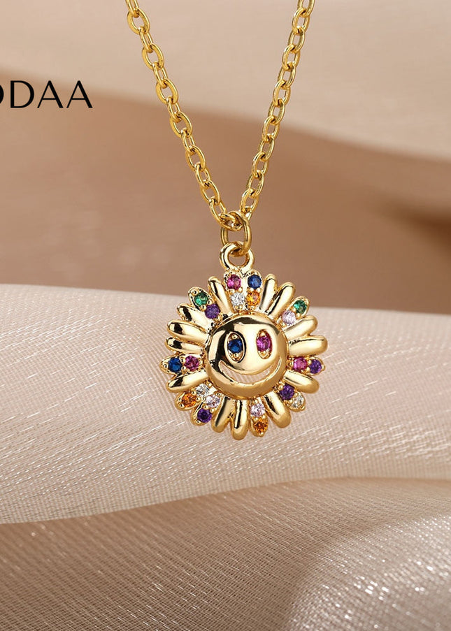 Sunset Pendant Necklace | Gold Happy Sunflower Colorful Zirconia Chain - Necklaces