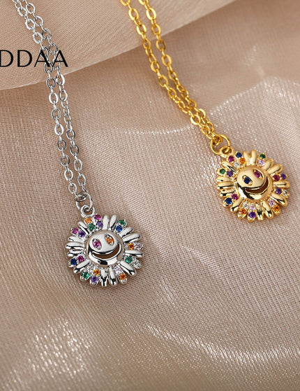 Sunset Pendant Necklace | Gold Happy Sunflower Colorful Zirconia Chain - Silver - Necklaces