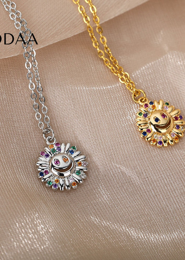Sunset Pendant Necklace | Gold Happy Sunflower Colorful Zirconia Chain - Silver - Necklaces