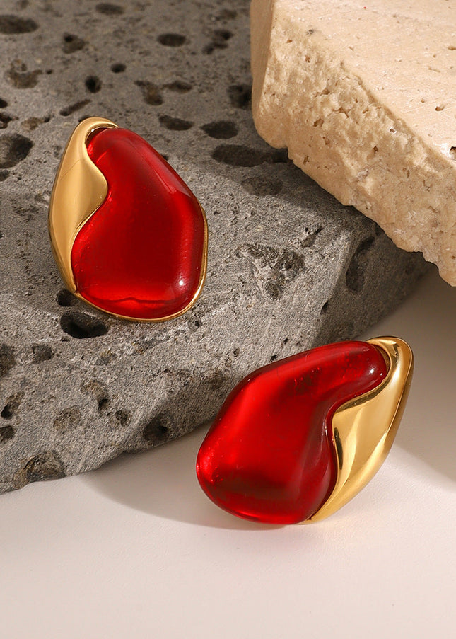 Jieding European and American stainless steel red stud earrings high-end irregular natural stone earrings titanium steel earrings cross-border jewelry