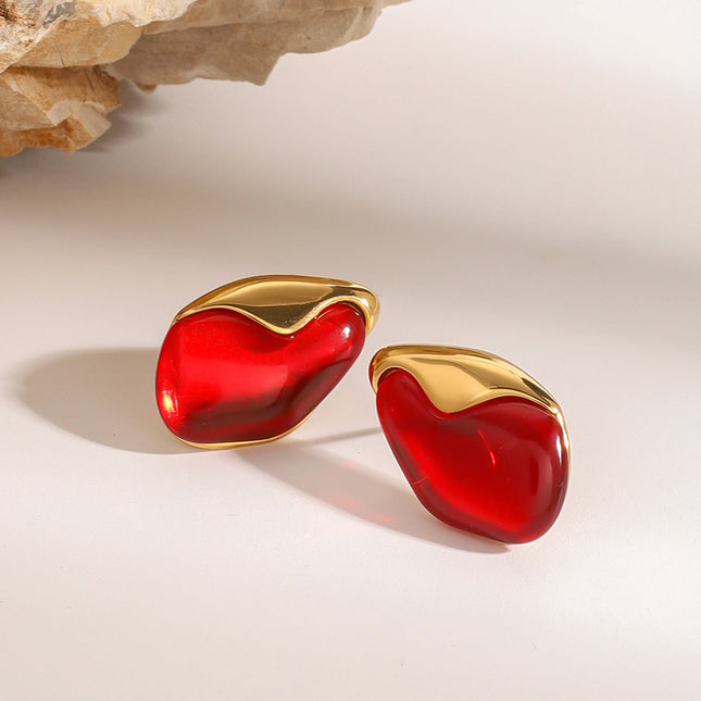 Jieding European and American stainless steel red stud earrings high-end irregular natural stone earrings titanium steel earrings cross-border jewelry