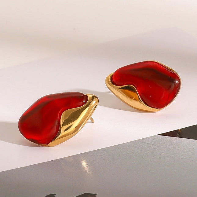 Jieding European and American stainless steel red stud earrings high-end irregular natural stone earrings titanium steel earrings cross-border jewelry