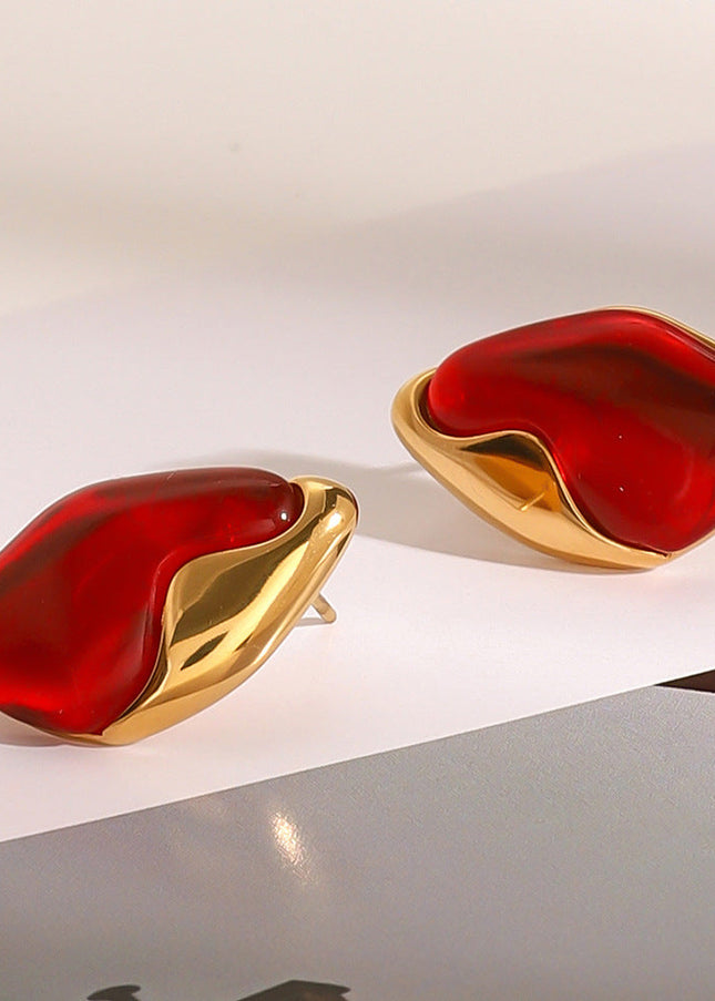 Jieding European and American stainless steel red stud earrings high-end irregular natural stone earrings titanium steel earrings cross-border jewelry