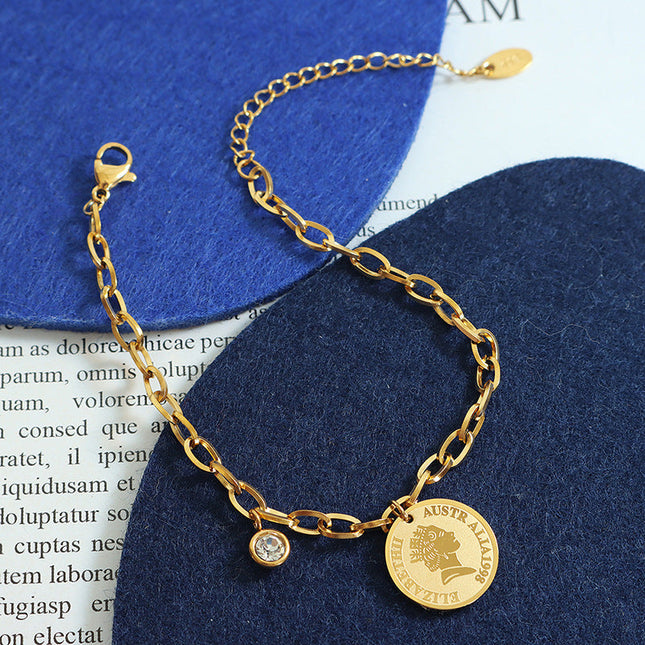 Niche design cold ins European and American style round medal pendant bracelet women's jewelry titanium steel plated 18K hand ornament E132