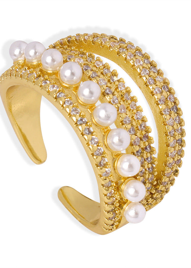 New fashion, personality, light luxury, versatile, copper material, imitation pearl inlaid zircon, multi-layer open ring, jewelry, women's wholesale