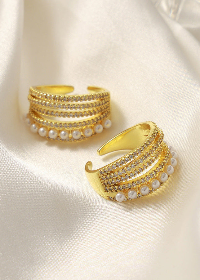New fashion, personality, light luxury, versatile, copper material, imitation pearl inlaid zircon, multi-layer open ring, jewelry, women's wholesale