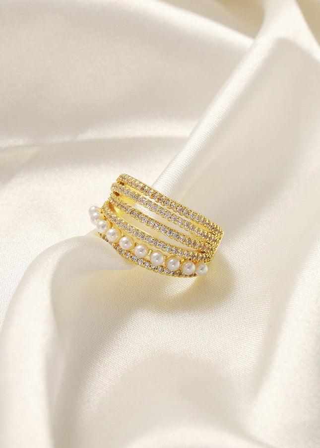 New fashion, personality, light luxury, versatile, copper material, imitation pearl inlaid zircon, multi-layer open ring, jewelry, women's wholesale