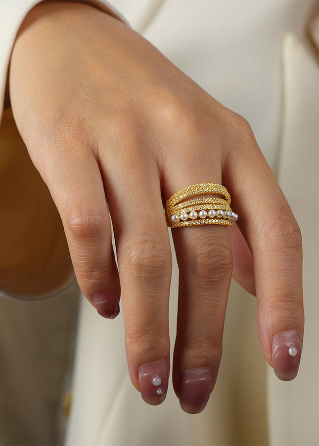 New fashion, personality, light luxury, versatile, copper material, imitation pearl inlaid zircon, multi-layer open ring, jewelry, women's wholesale