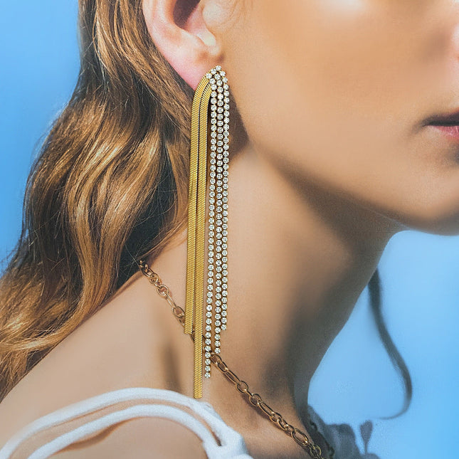 Jieding European and American stainless steel diamond-studded tassel earrings luxury niche earrings titanium steel earrings cross-border earrings