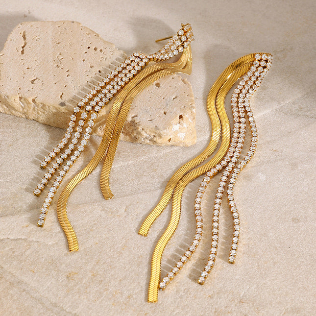 Jieding European and American stainless steel diamond-studded tassel earrings luxury niche earrings titanium steel earrings cross-border earrings