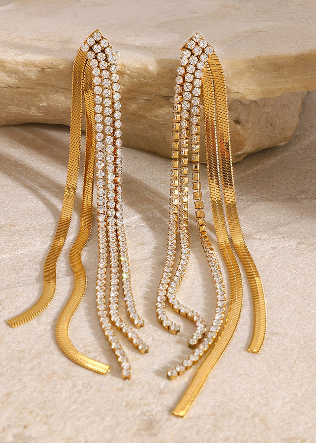 Jieding European and American stainless steel diamond-studded tassel earrings luxury niche earrings titanium steel earrings cross-border earrings