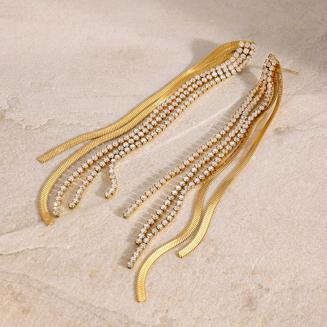 Jieding European and American stainless steel diamond-studded tassel earrings luxury niche earrings titanium steel earrings cross-border earrings